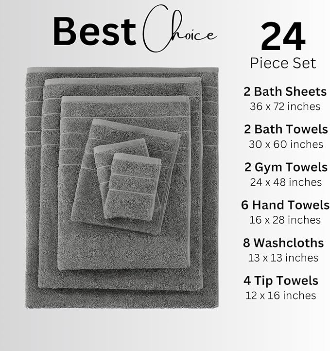 Casa Platino 100% Cotton Bathroom Towels Set – 24 Pc Collection – Plush Ring Spun Towels, Soft & Absorbent, Great for Salon, Spa or Home Use, Includes 6 Towel Types – Ultimate Grey