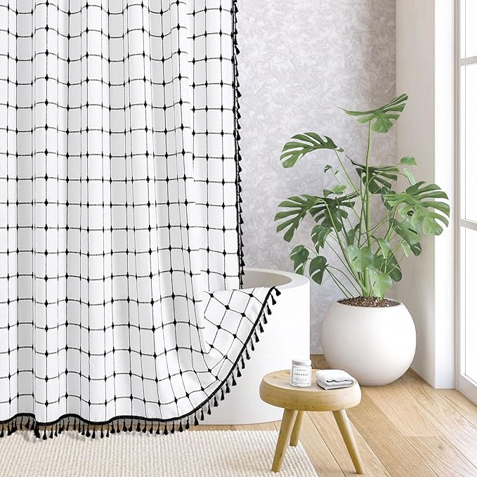 MitoVilla Ivory Black Boho Extra Long Shower Curtain 72 x 84, Modern Farmhouse 84 inch XL Polyester Linen Texture Tassel Fabric Shower Curtain Set with Hooks for Cottagecore Country Bathroom Decor