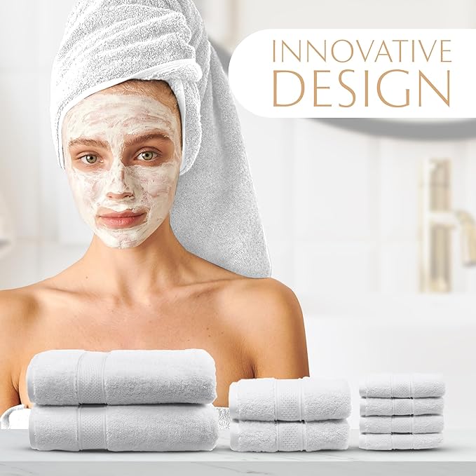 MAURA White Bath Towel Set of 8 for Bathroom. Turkish Cotton Luxury Bath Towels. Extra Large, Thick, Plush & Soft. Hotel & Spa Quality - White