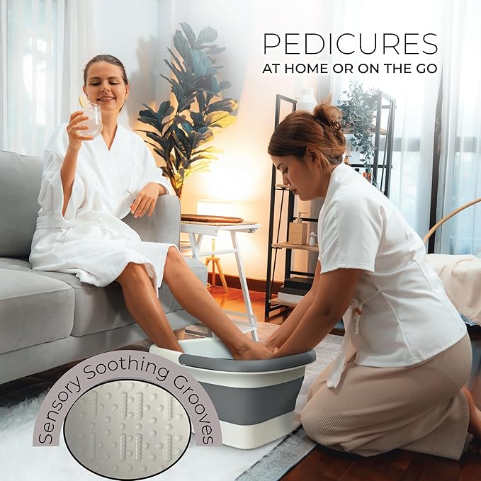 Mantello Collapsible Foot Bath Foot Soaking Tub | Portable Foot Spa Pedicure Bowl | Large Basin to Soak & Wash Feet | Folding Bucket with Carry Handle | White & Grey, Blue, Green [White & Grey]