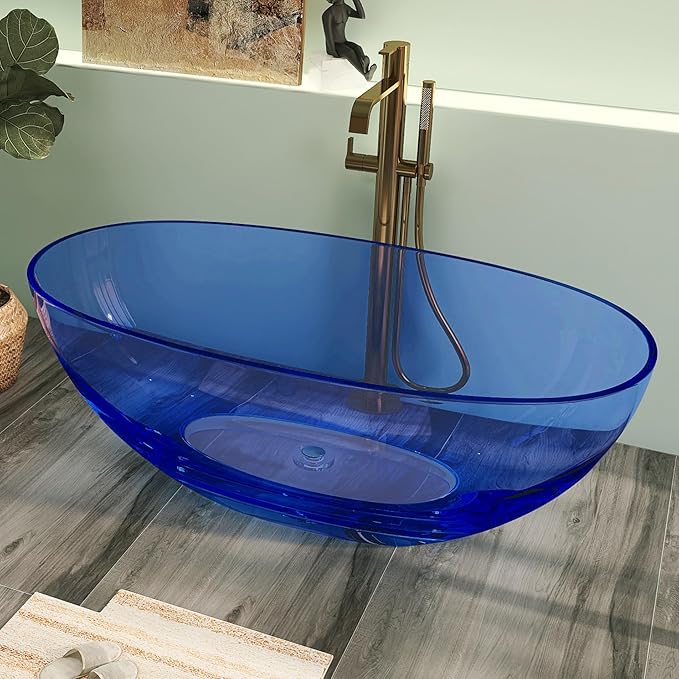 61" Premium Solid Surface Freestanding BathTubs, Upgraded Modern Transparent Blue Design Stand Alone Tub with Pop-up Drain