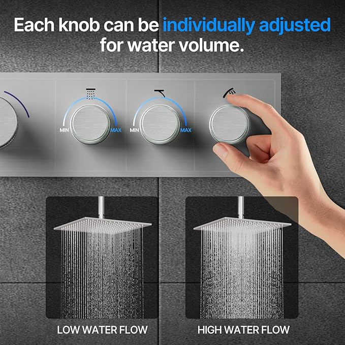 Shower System Brass Thermostatic Shower Faucet Set With Valve and Diverter Shower Mixer With Rain Head and Handheld High Pressure Square Rainfall