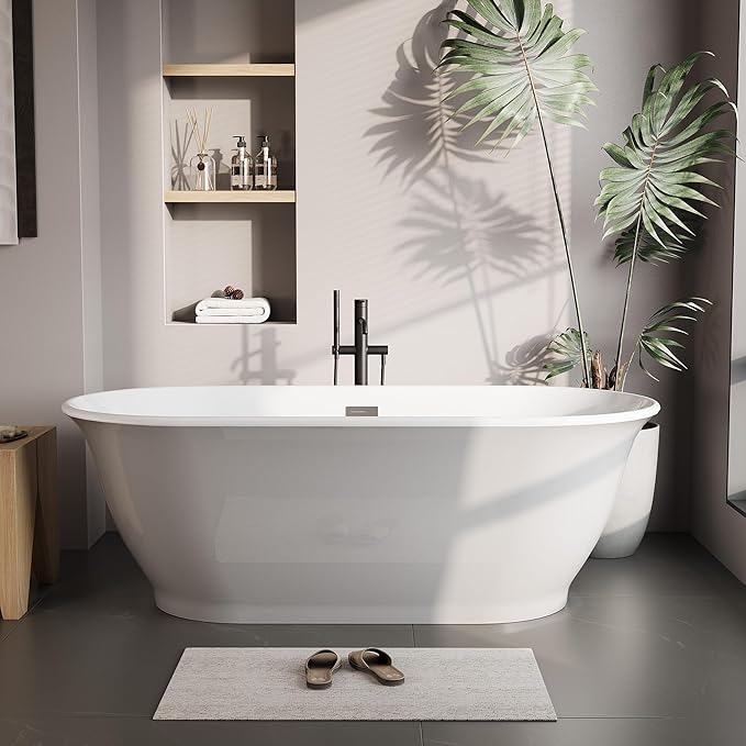 67 in Acrylic Freestanding Bathtub, Soaking Bathtub with Matte Drain and Overflow, Modern Square Tub, Deep Ergonomic Design, CUPC Certified, Double-Walled Insulation, Easy Install and Safe Use, Grey
