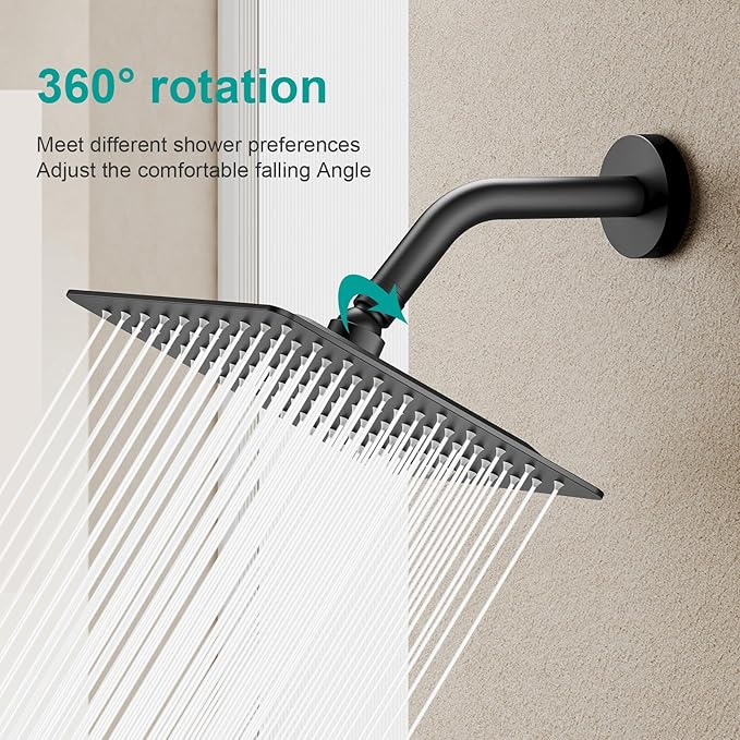 Square Rain Shower Head, High Flow Stainless Steel,Work with any decorative style，All Metal Rainfall Shower Head (Matte Black, 8)