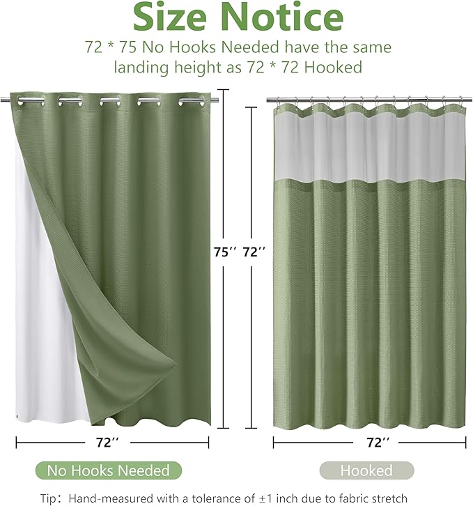 No Hook Waffle Weave Shower Curtain with Snap-in Fabric Liner,256GSM Heavy Duty Fabric Shower Curtain Set,Green Waterproof Washable Luxury Shower Curtain for Bathroom Stall (72x75 Inch)