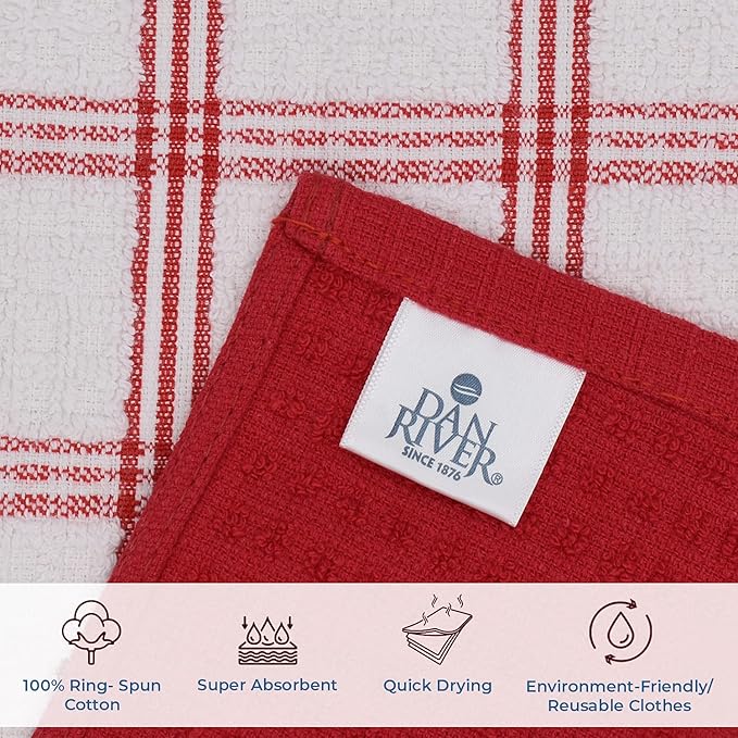 DAN RIVER Premium Dish Cloth 100% Cotton 12 X 12 Inches |Pack of 8|-Ultra Soft Tea Towels-Highly Absorbent Kitchen Rags-Terry Dishcloth for Kitchen and Household Cleaning |Red|
