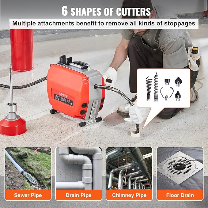 VEVOR 120FT x 7/8 Inch Drain Cleaner Machine, 420W Electric Sewer Snake Auger Manual Feed - with 6 Cutters, 2 Steel Cables (120' x 7/8" and 18' x 3/8") & CW/CCW Control for 1.9" to 6" Pipes
