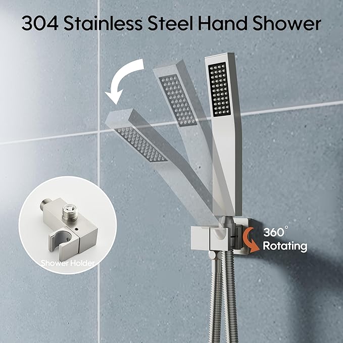 WELLFOR 12-In Wall Mounted Rain Shower Faucet with Single Handle and Handheld Spray, Waterfall Dual Head Shower Head System with 2-way Diverter, Pressure-balanced Valve Included, Brushed Nickel