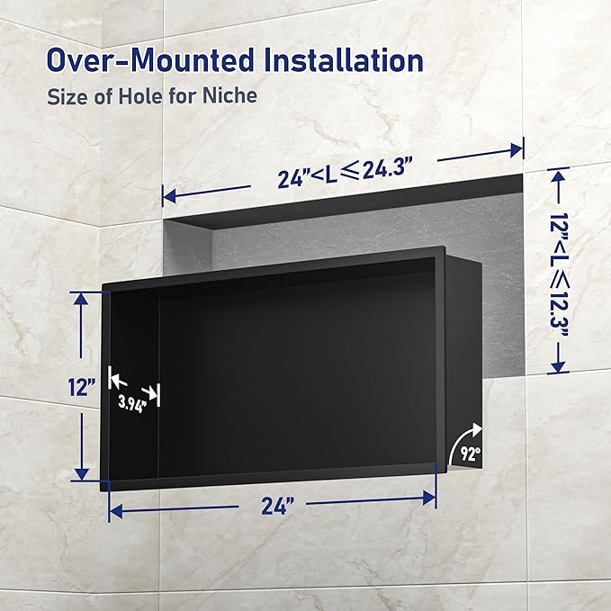 Stainless Steel Shower Niche 24" X 12" Matte Black No Tile Needed Niche Shower for Bathroom Storage Recessed Wall Niches Bathroom Shelf Over Mount Installation
