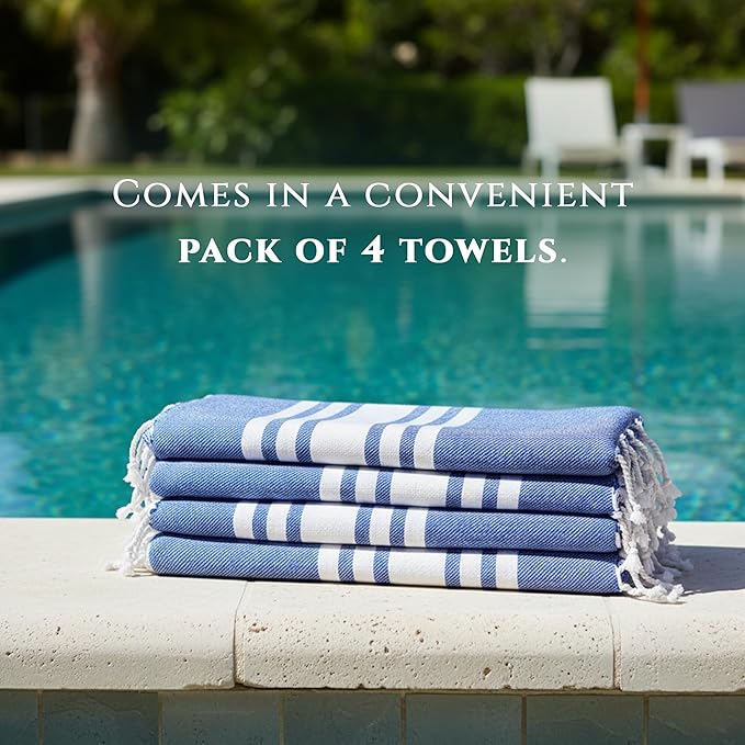 Turkish Cotton Beach Towel Pack of 4 & 1 Boho Tote Bag - Hammam Towels - No Shrink - Quick Dry - Lightweight - Sand Free - Camping - Pool - Tanning - Beach Essentials - Dark Blue (40"x70")