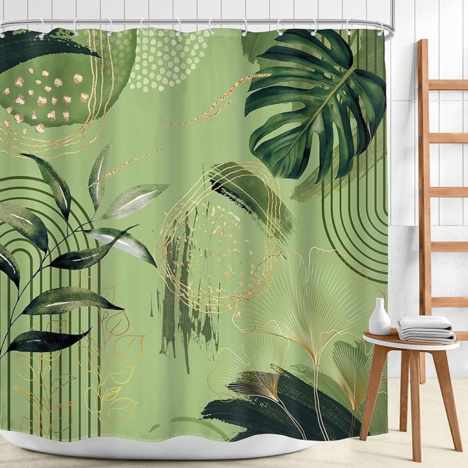 Sage Green Boho Shower Curtain 72Wx72H Abstract Mid Century Tropical Palm Leaves Gold Plant Geometric Minimalist Botanical Bathroom Decor Modern Bath Curtain Fabric Polyester 12 Pack Hooks