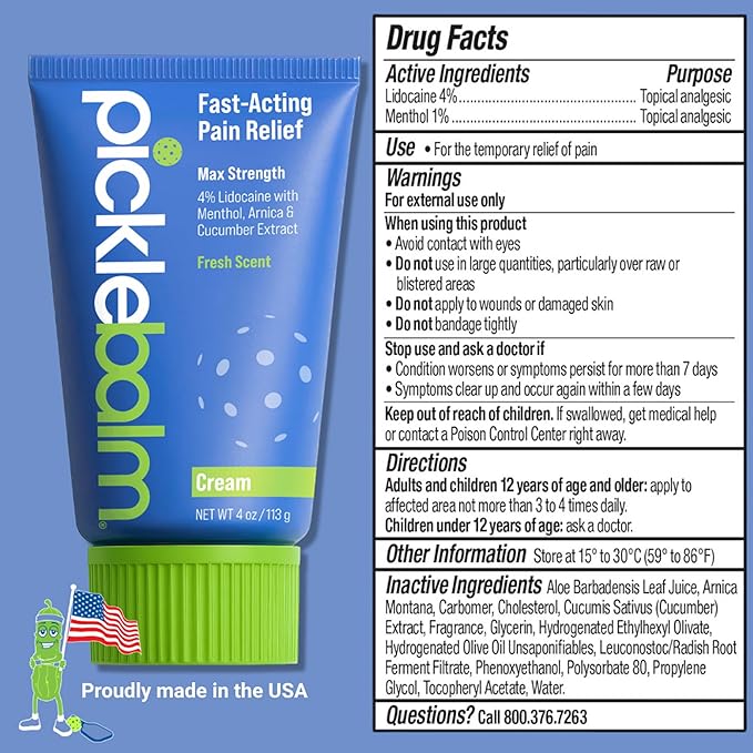 PickleBalm Pickleball Post-Game Muscle Pain Relief Cream with 4% Lidocaine, Arnica, Menthol, Cucumber Seed Extract for Shoulders, Knees, Wrists, and More, 4oz Cream