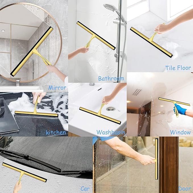Shower Squeegee for Glass Doors, 14 Inches Bathroom Squeegee with Spare Silicone Blade, Shower Door Hook and Adhesive Hook, Stainless Steel Bathroom Squeegee for Mirror Window (14in-Gold-1 Pack)