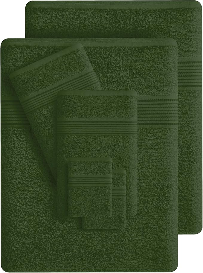 Belizzi Home 100% Cotton Towel Set, Contains 6 Soft Bath Towel, 6 Hand Towels, 12 Wash Cloths - Compact Absorbent Lightweight & Quickdry Towels for Bathroom - 24 Piece Bathroom Towel Set - Olive Green