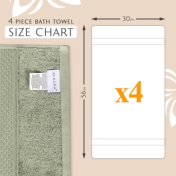 MAURA Sage Extra Large Turkish Cotton Luxury Bath Towels Set of 4. Ultra-Soft, Thick & Plush Towels for Bathroom - Sage Green