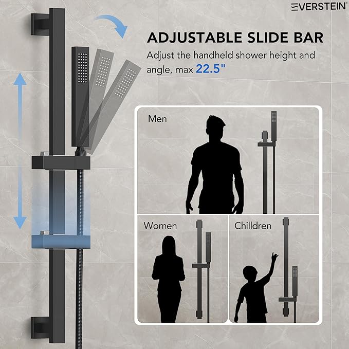 10" High-Pressure Rainfall Shower Faucet with Handheld Spray, Wall Mount Dual Shower Head System with Slide Bar (Matte Black)