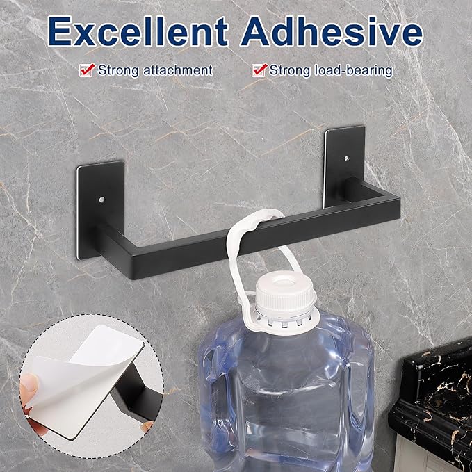 NearMoon Self Adhesive Bathroom Towel Bar, Stainless Steel Square Bath Wall Shelf Rack Hanging Towel Stick On Sticky Hanger Contemporary Style, Towel Rack Wall Mounted (12 Inch, Matte Black)