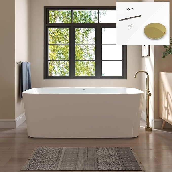 FerdY Maui 67" Acrylic Freestanding Bathtub, Contemporary Elegant Design Soaking Tub with Polished Gold Drain and Minimalist Linear Design Overflow, Easy to Install