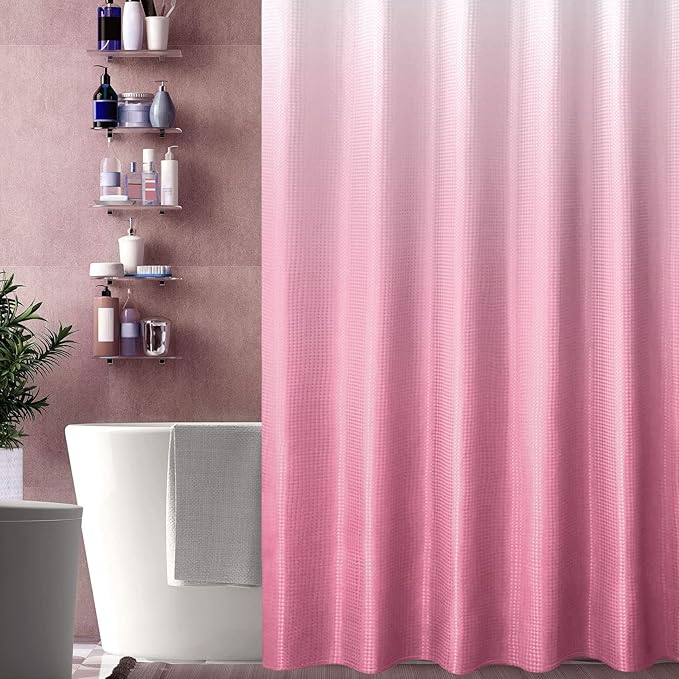 Gibelle Pink Shower Curtain, Ombre Fabric Shower Curtains for Bathroom, Waffle Weave Textured Bathroom Curtain with Hooks, Water Repellent and Machine Washable, 72 x 72