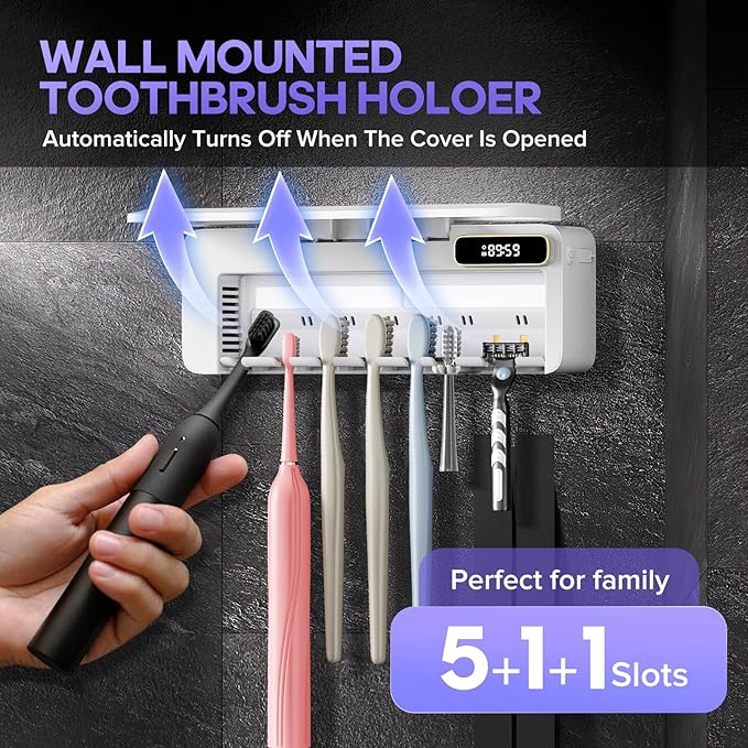 Smart Toothbrush Sanitizer & Holder, 5+1+1 Slot Wall Mounted Toothbrush Cleaner with Heating Dryer, No-Drilling Bathroom Storage for Multiple Toothbrushes and Electric Brushes