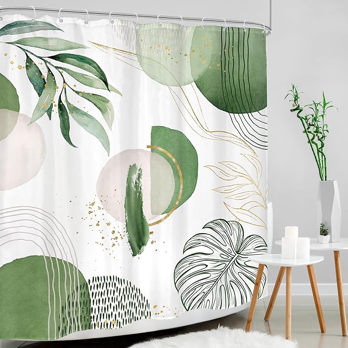 Green Boho Shower Curtain 60Wx72H Bohemian Mid Century Modern Abstract Palm Leaves Tropical Gold Olive Geometric Plant Bathroom Decor Minimalist Bath Curtain Fabric Polyester 12 Pack Hooks