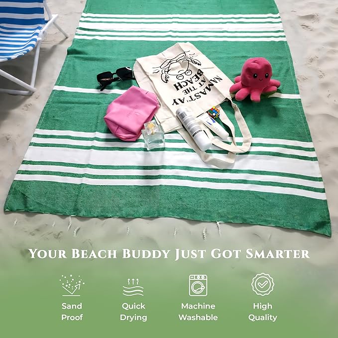 Turkish Cotton Beach Towel Pack of 4 & 1 Boho Tote Bag - Hammam Towels - No Shrink - Quick Dry - Lightweight - Sand Free - Camping - Pool - Beach Essentials - Blue,Gray,Purple, Green (40"x70")