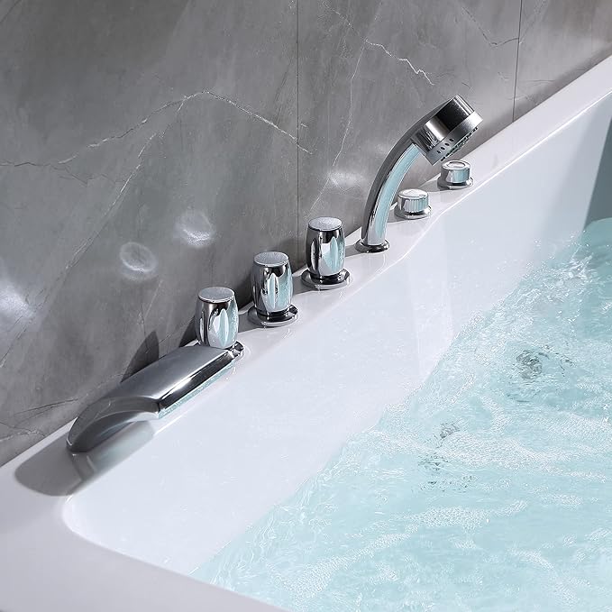 Empava 71" two Person Acrylic Whirlpool Bathtub with 16 Hydro-Massage Jets & Chromotherapy Rectangular Alcove Jetted Soaking Tub, Acrylic SPA Bath Tub, ETL Certified Waterfall Faucet, White