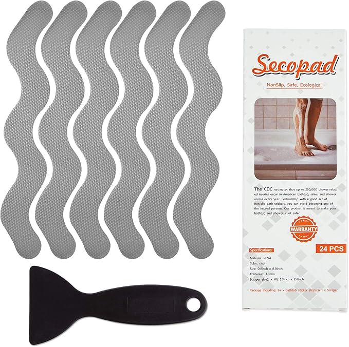 Anti Slip Shower Stickers, Adhesive Decals Safety Strips Scraper for Bath Tub, Shower, Stairs, 24 Pieces (Gray)