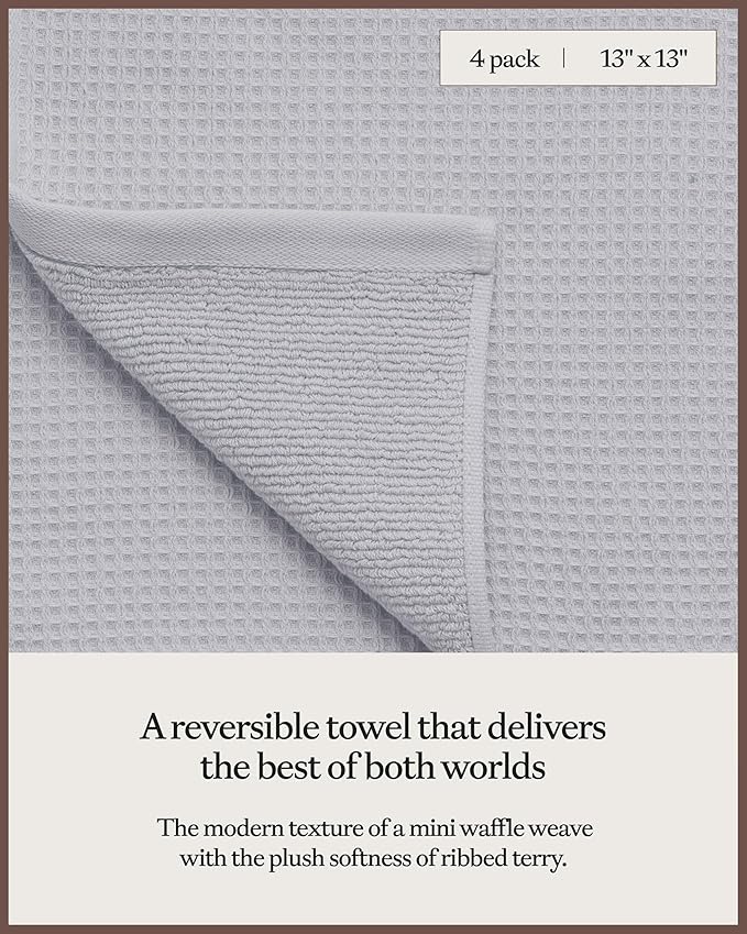 Cozy Earth Waffle Washcloths - 60% Cotton 40% Viscose from Bamboo Washcloths 13 x 13 Inches - Soft & Absorbent Terry, Reversible Mini Textured Waffle & Weave Pattern - 4 Pack