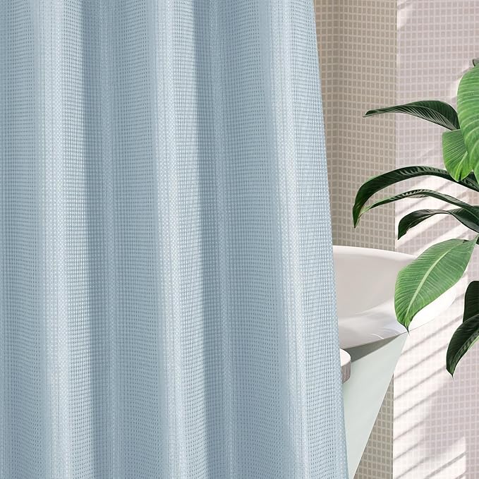 MitoVilla Blue Long Shower Curtain Liner Set 72 x 80, No Hooks Needed 80 inch Long Heavyweight Waffle Fabric Shower Curtain Set with Snap-in Liner for Hotel Grade Spa-Like Bathroom Decor, Fog Blue