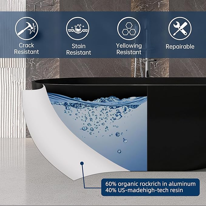 59'' Resin Stone Freestanding Bathtub, Matte Black Soaking Tub Solid Surface Modern Tubs with Overflow and Pop-up Drain in