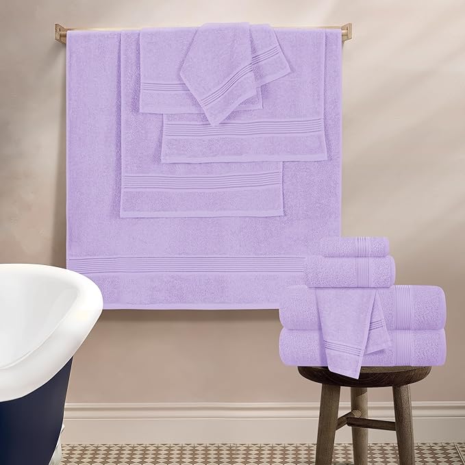 Belizzi Home 100% Cotton Towel Set, Contains 6 Soft Bath Towel, 6 Hand Towels, 12 Wash Cloths - Compact Absorbent Lightweight & Quickdry Towels for Bathroom - 24 Piece Bathroom Towel Set - Purple