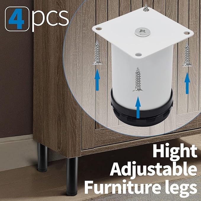 3 Inch Metal Furniture Legs - Stainless Steel, Adjustable, White, Round Cabinet Legs for Coffee Table, Cabinet, Desk, Sofa, Shelves - Pack of 4