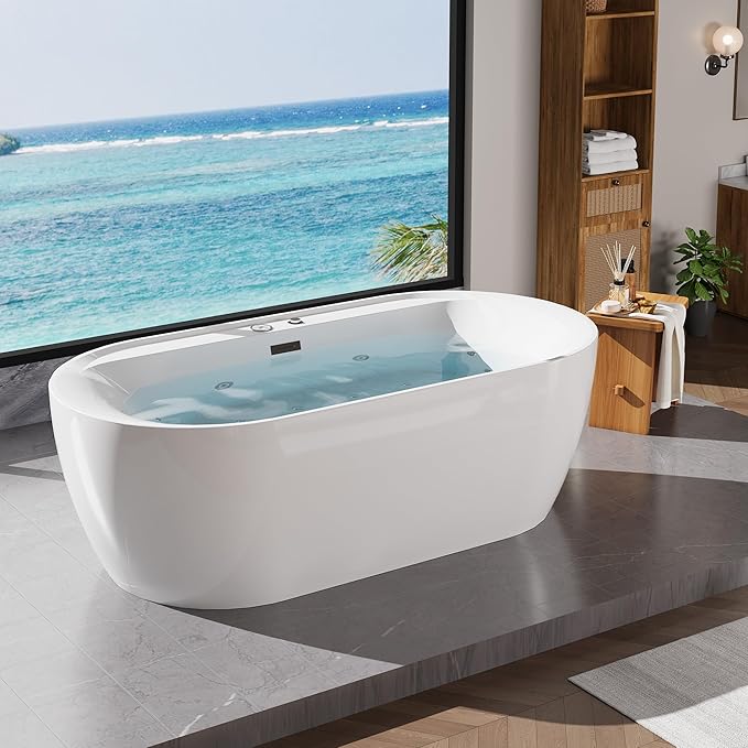 71 Inch Luxury Acrylic Freestanding Bathtub with Air Bubble & HydroJet Massage, Multi-Color LED Mood Lighting, Oversized Soaking Spa for Modern Bathrooms
