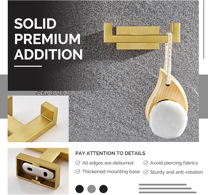 Angle Simple Towel Hook for Bathroom, SUS 304 Stainless Steel Hand Towel Holder, Double Robe Coat Hook for Wall, Brassy Gold