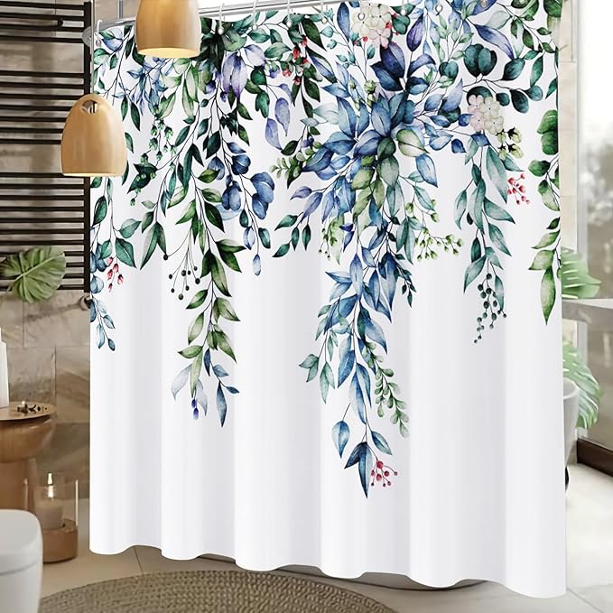 Shower Curtain,Blue Eucalyptus Shower Curtains for Bathroom,Watercolor Green Leaf Shower Curtain Sets Waterproof Plant Shower Curtain Blue Fabric Cloth Bathroom Curtains Green72x72 inch with Hooks
