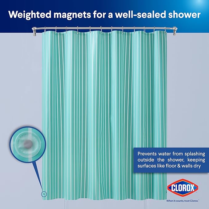 CLOROX Shower Curtain Liner, Premium Striped Medium-Weight Durable Waterproof 6g PEVA for Bathroom with Weighted Magnets, Printed Standard Size 72" x 72", Aqua