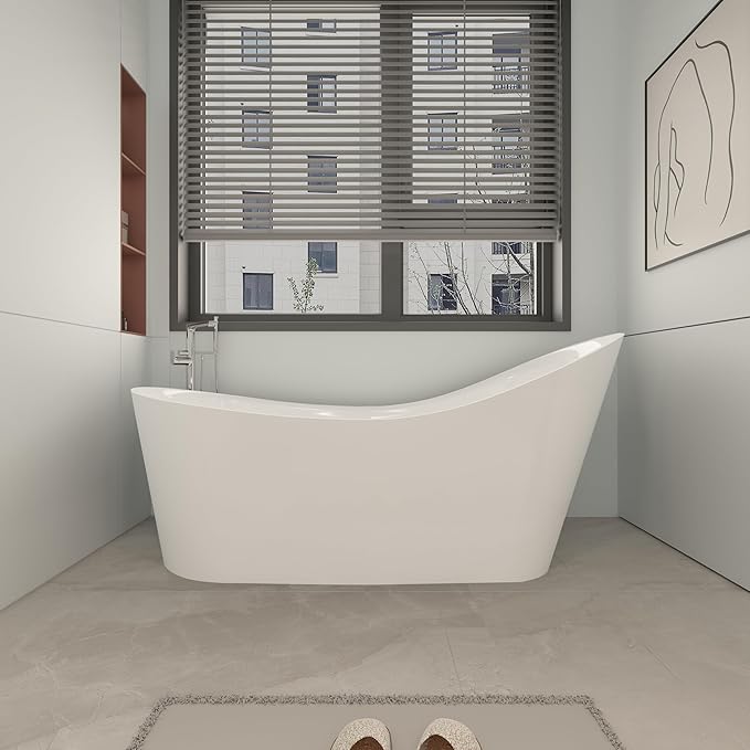 67" Freestanding Soaking Slipper Bathtub, WHALEKING Luxury Stand Alone Free Standing Deep Acrylic Tub with Chrome Overflow and Drain, Glossy White