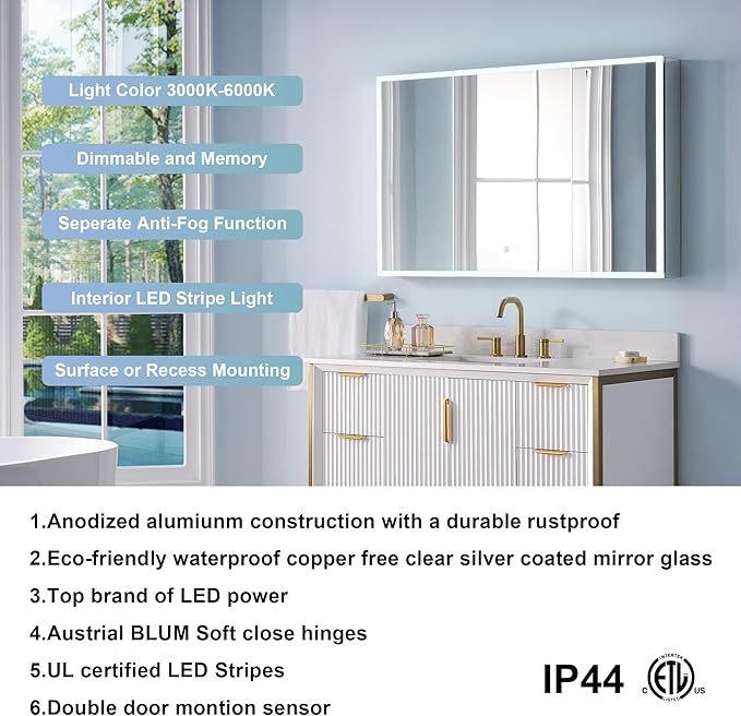 WELLFOR 48" X 30" LED Medicine Cabinet with Mirror, 3X Magnifiying Mirror Cabinet, Defogging/Dimmable Bathroom Mirrored Cabinet, Lighted Medicine Cabinet with Outlets & USB Ports, Three Doors