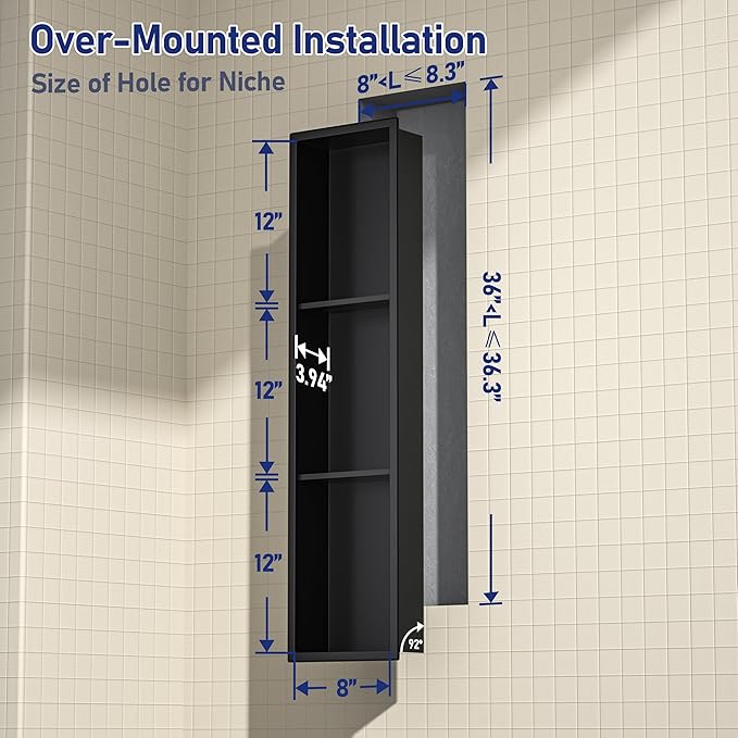 Stainless Steel Shower Niche 8"×36" Matte Black with 3-Tier Shelves No Tiled Needed Niche Shower for Bathroom Wall Recessed Bathroom Shower Shelf for Storage