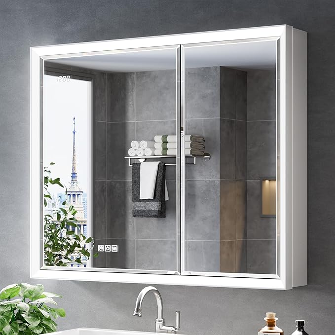36x30 Beveled Lighted Medicine Cabinet with Mirror & Lights, Surface or Recessed Mirrored Medicine Cabinet with Outlet & Clock, Anti-Fog Dimmable LED Storage Cabinet, Built-in Sensor Light