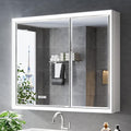 36x30 Beveled Lighted Medicine Cabinet with Mirror & Lights, Surface or Recessed Mirrored Medicine Cabinet with Outlet & Clock, Anti-Fog Dimmable LED Storage Cabinet, Built-in Sensor Light