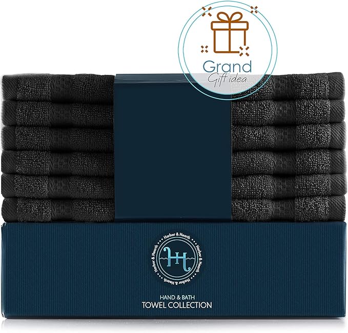 Hearth & Harbor Washcloths 12 Pack - 100% Cotton Washcloth for Body and face, High Absorbent and Soft 13"x13" Body Wash Cloth, Quick Dry - Black Washcloths