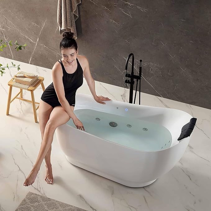 Empava Update Acrylic Whirlpool Bathtub, 59 Inch Acrylic Freestanding Jetted Tub, Hydromassage Gracefully Oval Shaped with 16 Hydromassage Jets with Lumbar and Neck Support, Black Pillow, No faucet