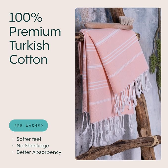 WETCAT Turkish Hand Towels with Hanging Loop, Set of 2 (20" x 30") 100% Turkish Cotton, Pre-Washed, Quick Drying, for Kitchen or Bathroom - Peach