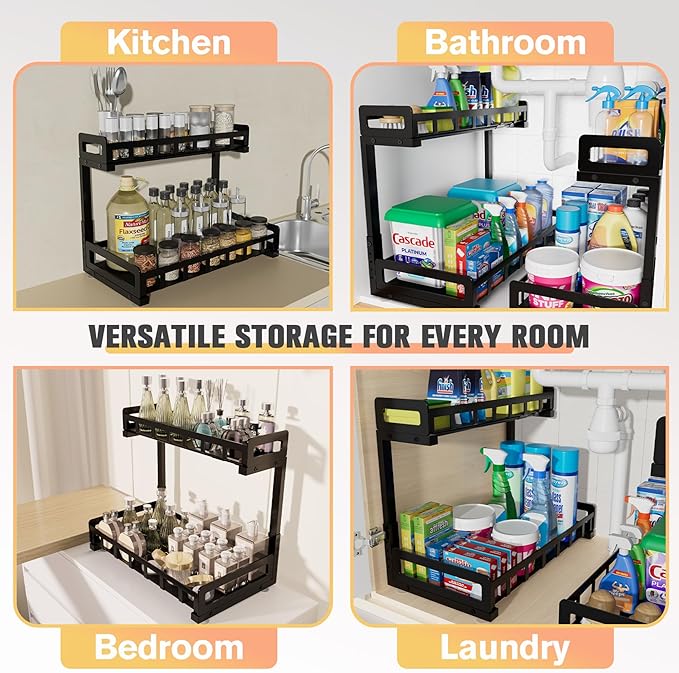 Under Sink Organizer 2 Pack, Metal Large Capacity 2-Tier Sliding Cabinet Storage Rack, Heavy-Duty Rust-Resistant Steel Frame, Holds 50 lbs Each, Adjustable Height 12–16", 14"D x 11"W for Home, Black