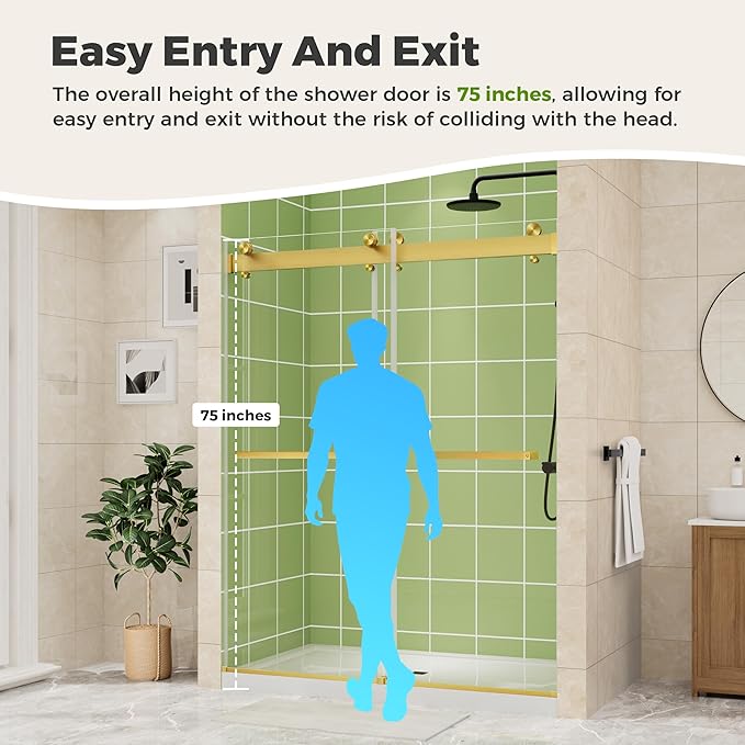 DELAVIN 56-60" W x 75" H Double Sliding Shower Door, Gold Frameless Shower Door, 1/4" (6mm) SGCC Tempered Glass, Noiseless Leak Proof Shower Doors with Square Rail, Stainless Steel, Aluminum