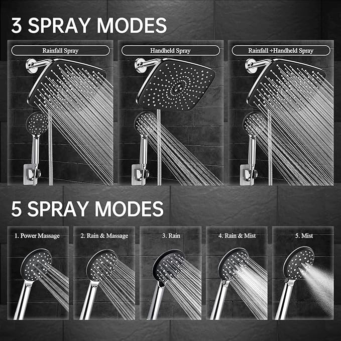 Veken 11.8 Inch Rain Shower Head with Handheld- High Pressure Dual Shower Heads with 5 Modes Handheld Spray Combo- Wide Rainfall Showerhead with Hose, Bathroom Accessories, Christmas Gift, Chrome