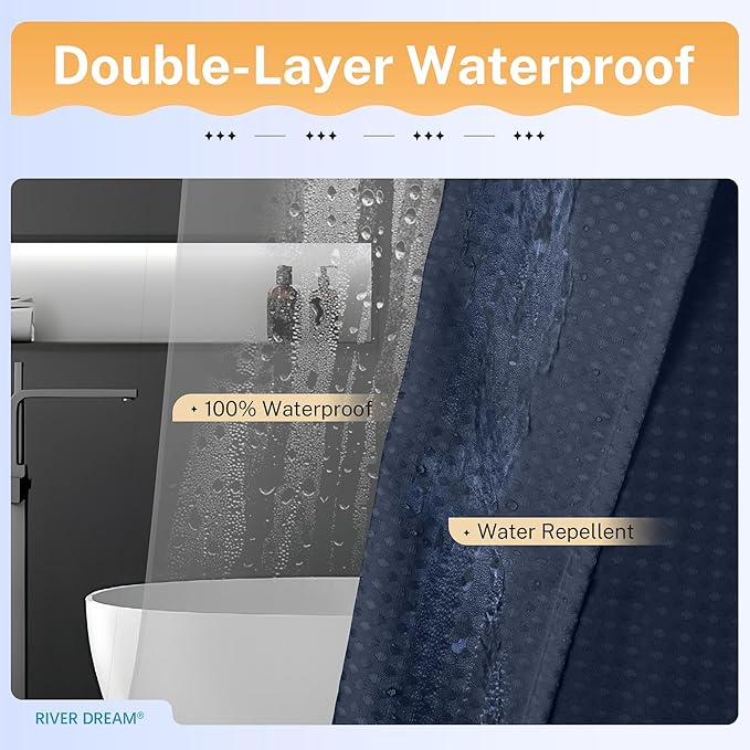 River Dream 3 in 1 Shower Curtain Set, Waffle Fabric Shower Curtain and Waterproof Clear Liner Set with Double Sided Metal Hooks, Navy Blue, 72" W*84" H