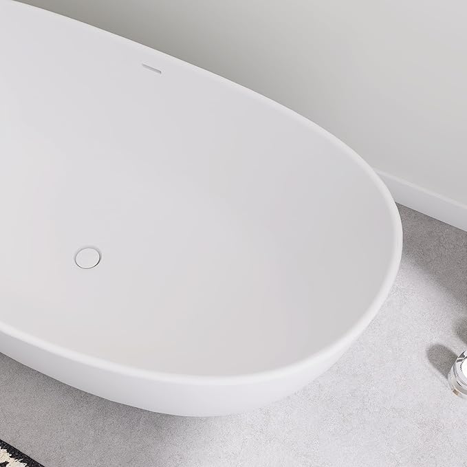 SJ STAR&JANE 65" Solid Surface Freestanding Bathtub Stone Resin Tub Oval Double Slippers Stand Alone Soaking Tub with Pop-up Drain and Overflow, Matte White